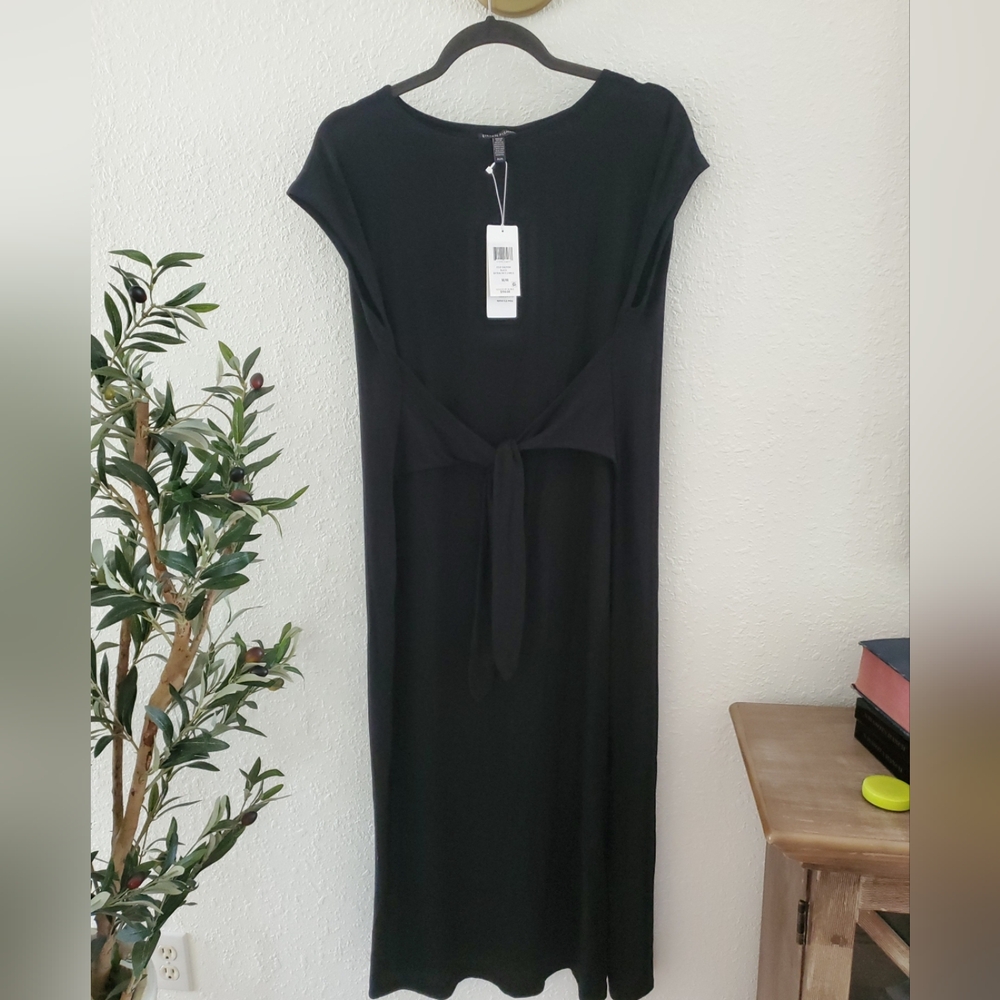 NEW Eileen Fisher Tie Front Jersey Dress in Black Size Medium $198